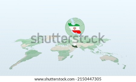 World map in perspective showing the location of the country Iran with detailed map with flag of Iran. Vector illustration.