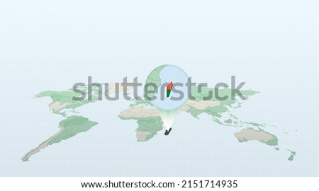 World map in perspective showing the location of the country Madagascar with detailed map with flag of Madagascar. Vector illustration.