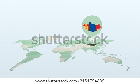 World map in perspective showing the location of the country Mongolia with detailed map with flag of Mongolia. Vector illustration.