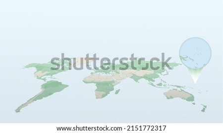 World map in perspective showing the location of the country Nauru with detailed map with flag of Nauru. Vector illustration.