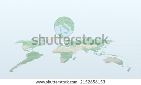 World map in perspective showing the location of the country Vatican City with detailed map with flag of Vatican City. Vector illustration.