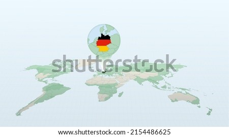 World map in perspective showing the location of the country Germany with detailed map with flag of Germany. Vector illustration.