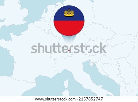 Europe with selected Liechtenstein map and Liechtenstein flag icon. Vector map and flag.