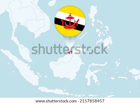 Asia with selected Brunei map and Brunei flag icon. Vector map and flag.