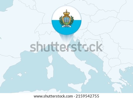 Europe with selected San Marino map and San Marino flag icon. Vector map and flag.