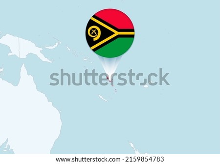 Oceania with selected Vanuatu map and Vanuatu flag icon. Vector map and flag.