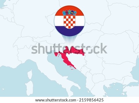 Europe with selected Croatia map and Croatia flag icon. Vector map and flag.