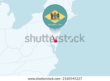 United States with selected Delaware map and Delaware flag icon. Vector map and flag.