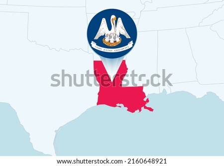 United States with selected Louisiana map and Louisiana flag icon. Vector map and flag.