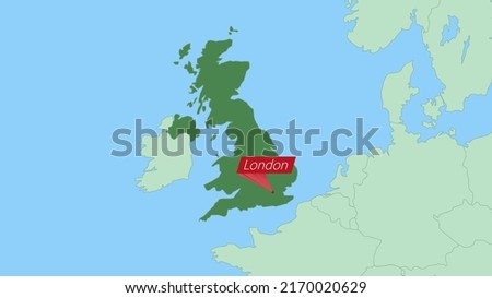 Map of United Kingdom with pin of country capital. United Kingdom Map with neighboring countries in green color.