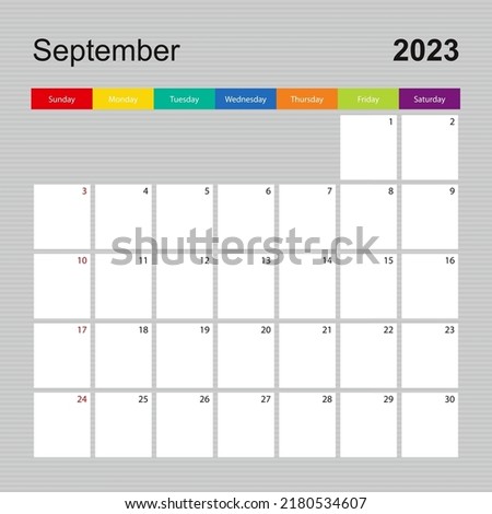 Calendar page for September 2023, wall planner with colorful design. Week starts on Sunday. Vector calendar template.