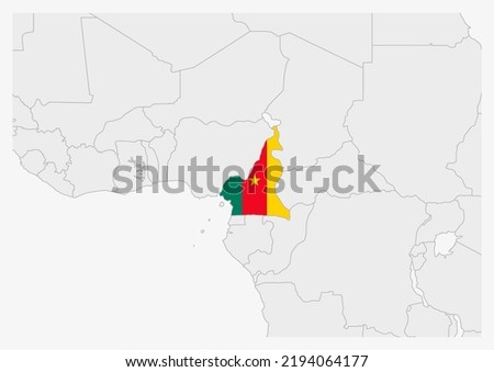 Cameroon map highlighted in Cameroon flag colors, gray map with neighboring countries.