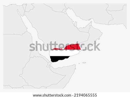 Yemen map highlighted in Yemen flag colors, gray map with neighboring countries.