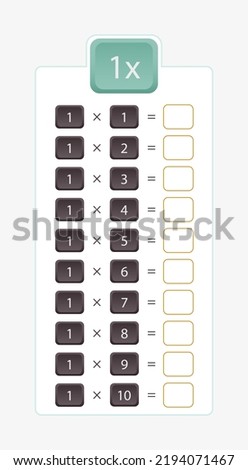 1x multiplication for practice, multiplication table without answers. Vector illustration.