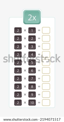2x multiplication for practice, multiplication table without answers. Vector illustration.