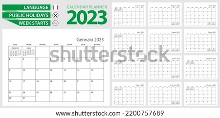 Italian calendar planner for 2023. Italian language, week starts from Monday. Vector calendar template for Italy, Switzerland, San Marino and other.