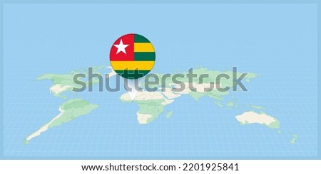 Location of Togo on the world map, marked with Togo flag pin. Cartographic vector illustration.