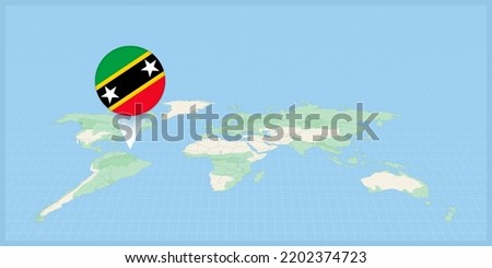 Location of Saint Kitts and Nevis on the world map, marked with Saint Kitts and Nevis flag pin. Cartographic vector illustration.