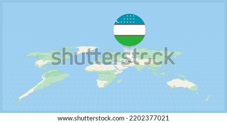 Location of Uzbekistan on the world map, marked with Uzbekistan flag pin. Cartographic vector illustration.