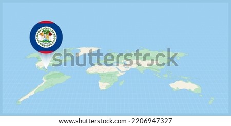 Location of Belize on the world map, marked with Belize flag pin. Cartographic vector illustration.