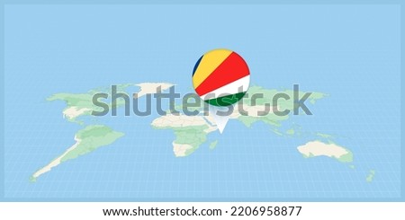 Location of Seychelles on the world map, marked with Seychelles flag pin. Cartographic vector illustration.