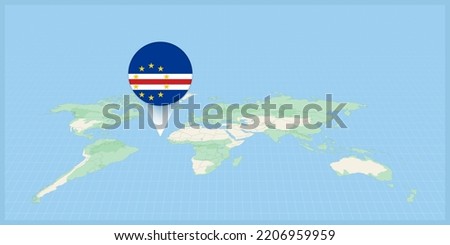 Location of Cape Verde on the world map, marked with Cape Verde flag pin. Cartographic vector illustration.