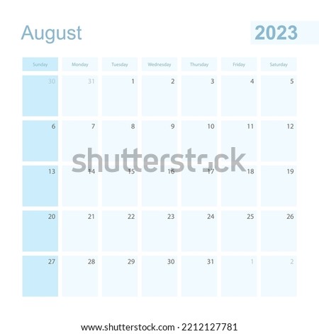 2023 August wall planner in blue color, week starts on Sunday. Calendar for August 2023 with day of previous and next month.