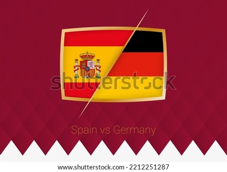 Spain vs Germany, group stage icon of football competition on burgundy background. Vector icon.
