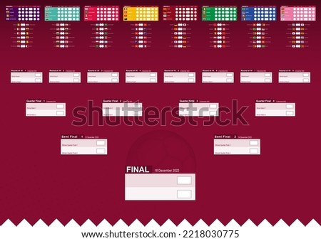 Football results table with flags and groups of World Soccer Competition. Vector Template.