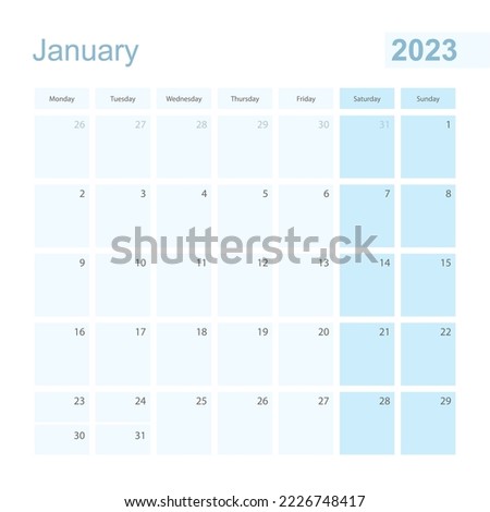 2023 January wall planner in blue pastel color, week starts on Monday. Calendar for January 2023 with blue square and with day of previous and next month.