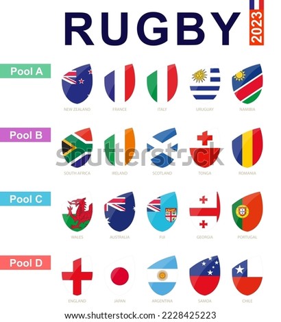 Rugby 2023, all pools and flag of rugby tournament. Vector flag set.