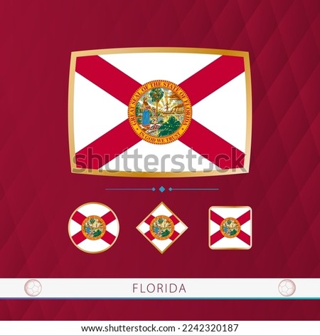 Set of Florida flags with gold frame for use at sporting events on a burgundy abstract background. Vector collection of flags.