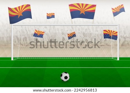 Arizona football team fans with flags of Arizona cheering on stadium, penalty kick concept in a soccer match. Sports vector illustration.