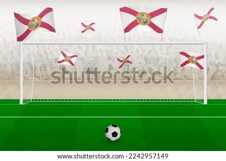 Florida football team fans with flags of Florida cheering on stadium, penalty kick concept in a soccer match. Sports vector illustration.