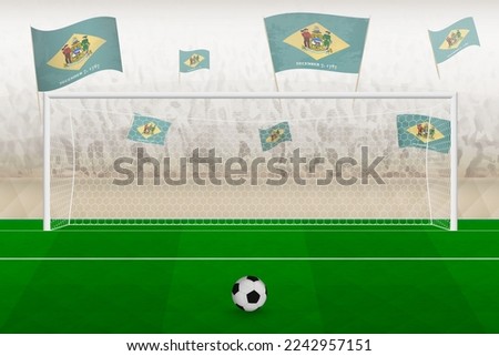 Delaware football team fans with flags of Delaware cheering on stadium, penalty kick concept in a soccer match. Sports vector illustration.