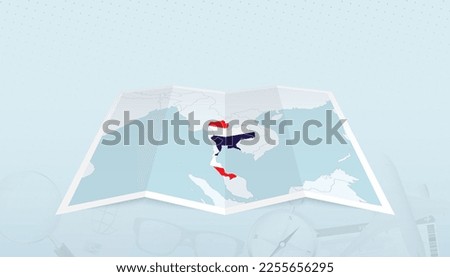 Map of Thailand with the flag of Thailand in the contour of the map on a trip abstract backdrop. Travel illustration.