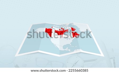 Map of Canada with the flag of Canada in the contour of the map on a trip abstract backdrop. Travel illustration.