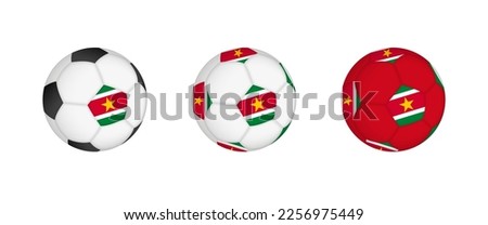Collection football ball with the Suriname flag. Soccer equipment mockup with flag in three distinct configurations. Vector mockup.