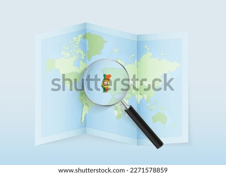 A folded world map with a magnifying lens pointing towards Portugal. Map and flag of Italy in loupe. Vector illustration in blue color tone.