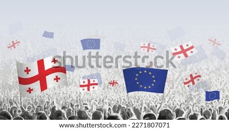 Peoples protest or cheering with flag of Georgia and European Union. Vector illustration.