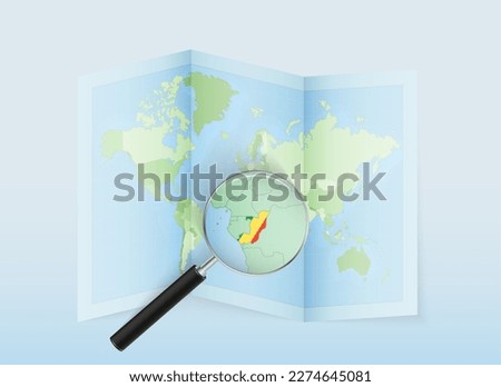 A folded world map with a magnifying lens pointing towards Congo. Map and flag of Italy in loupe. Vector illustration in blue color tone.
