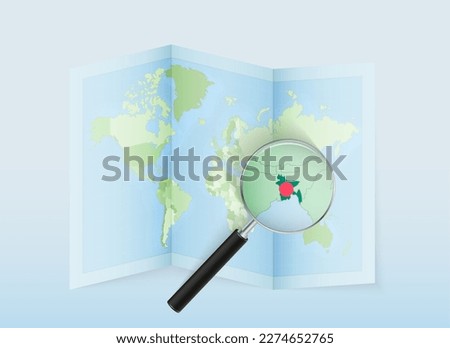 A folded world map with a magnifying lens pointing towards Bangladesh. Map and flag of Italy in loupe. Vector illustration in blue color tone.