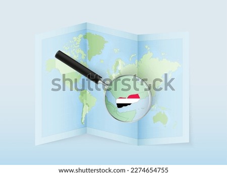 A folded world map with a magnifying lens pointing towards Yemen. Map and flag of Italy in loupe. Vector illustration in blue color tone.