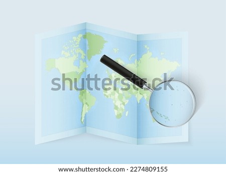 A folded world map with a magnifying lens pointing towards Nauru. Map and flag of Italy in loupe. Vector illustration in blue color tone.