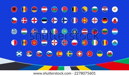 Flags of qualifying European football tournament 2024 participants are listed alphabetically. Circle icons of country.