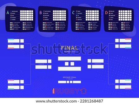 World 2023 match schedule, Rugby tournament results table with flags of participants. Vector bracket.