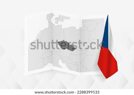 A grayscale map of Czech Republic with a hanging Czech flag on one side. Vector map for many types of news. Vector illustration.