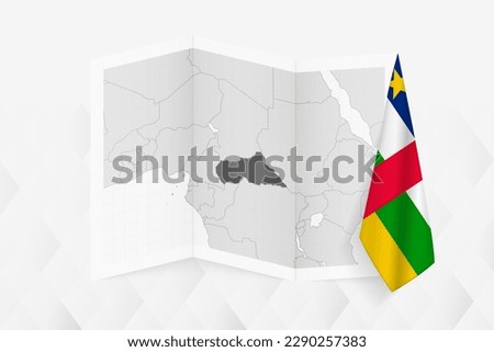 A grayscale map of Central African Republic with a hanging Central African flag on one side. Vector map for many types of news. Vector illustration.
