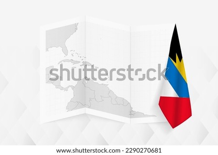 A grayscale map of Antigua and Barbuda with a hanging Antiguan and Barbudan flag on one side. Vector map for many types of news. Vector illustration.