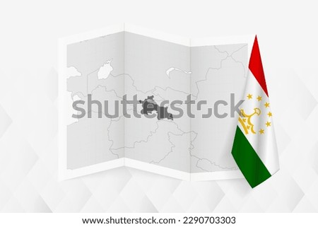 A grayscale map of Tajikistan with a hanging Tajikistani flag on one side. Vector map for many types of news. Vector illustration.